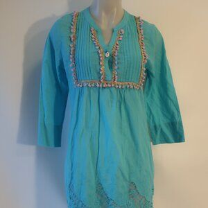 Womens Antica Sartoria By Giacomo Aqua Embroidered Swim Tunic Dress Cover-Up OS